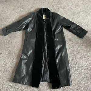 Vintage snakeskin Black genuine Leather Faux Fur Long-sleeved Coat Penny Lane XL